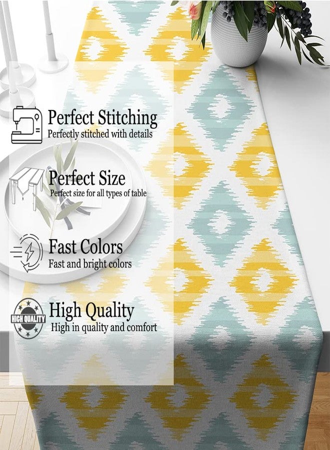 STITCHNEST Ikat Yellow Teal Printed Poly Cotton Table Runner and Bed Runner (13 x 60 Inches ) - Image 2